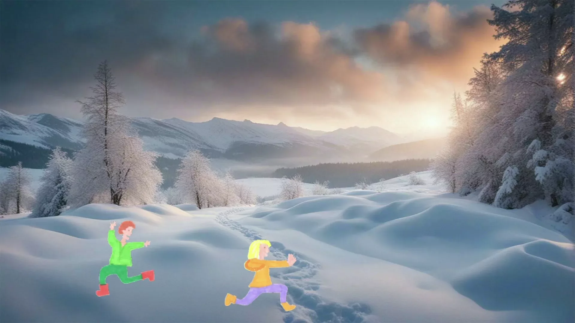 Deux enfants courent l'un après l'autre parmi les bosses de neige, lors d'un coucher de soleil en pleine montagne.