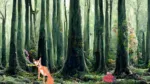Dans une haute forêt, un renard joue de la flûte auprès d'une coccinelle portant un panier sur son dos.