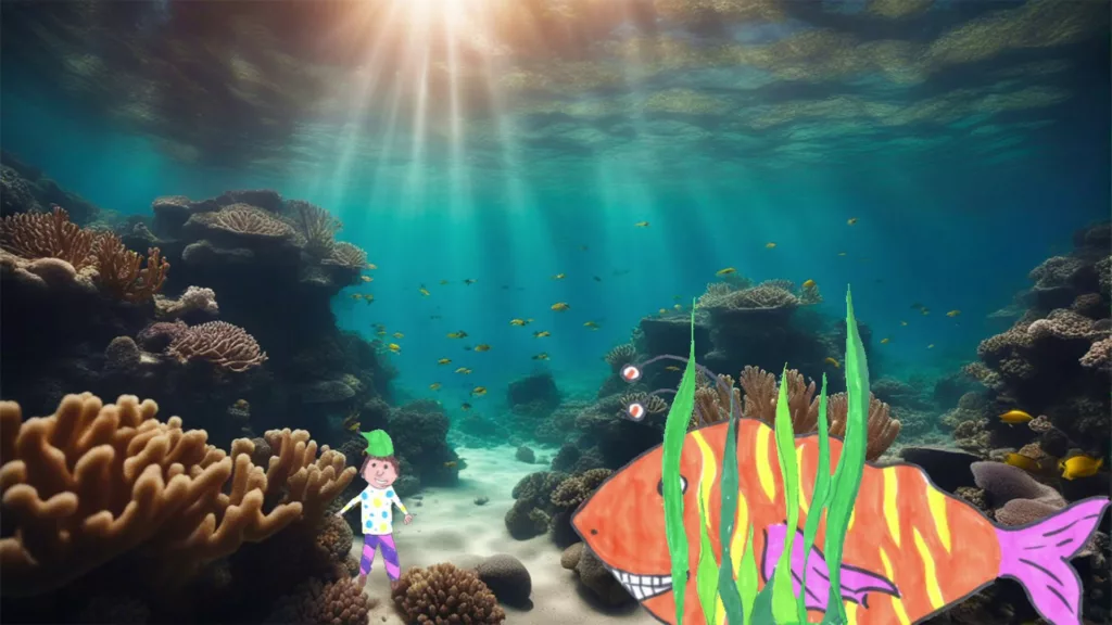 Dans un récit corallien, un enfant au bonnet vert se trouve nez-à-nez avec un énorme poisson orange strié de jaune arborant un large sourire.