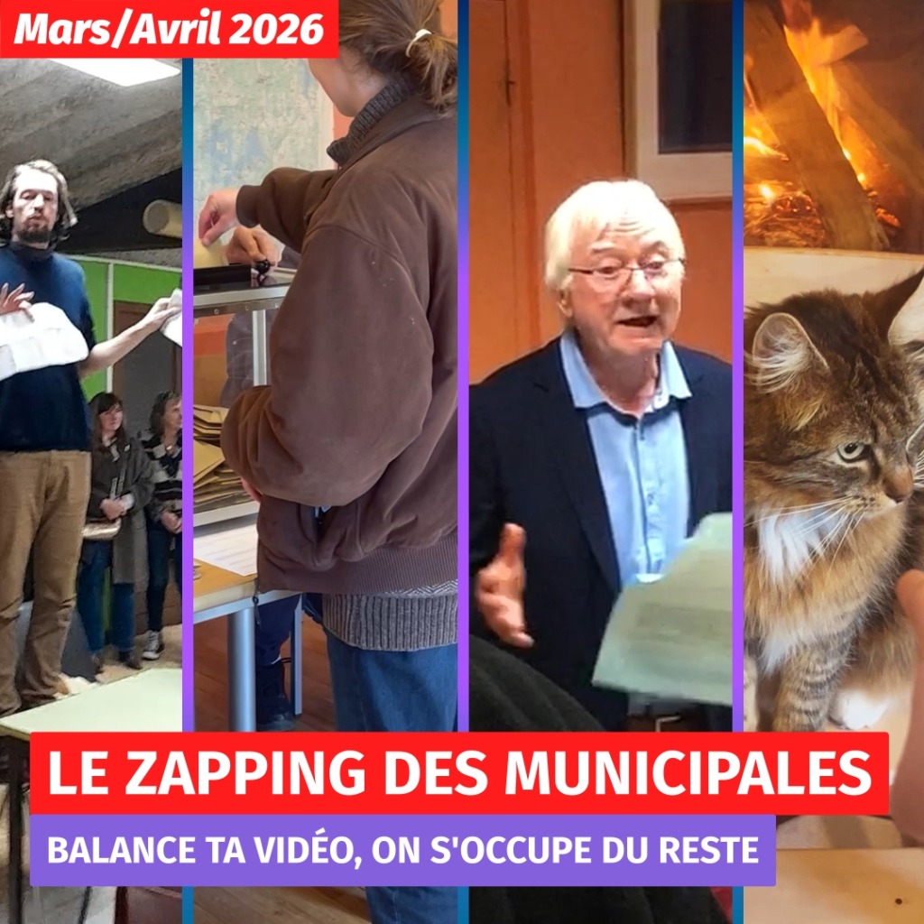 Une mosaïque d'images comprenant notamment : une statue représentant une femme près d'une fontaine, un homme debout sur sa chaise s'adressant à une salle remplie de monde, le dos d'une personne aux longs cheveux blonds en train de voter, un homme de petite taille aux cheveux gris tenant un bout de papier et s'adressant à une foule, un chat assis sur une chaise et la statue de l'orphelin Gentioux