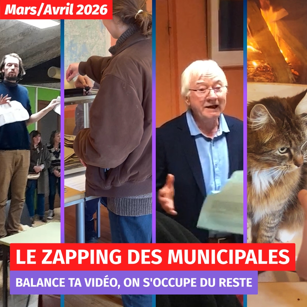 Une mosaïque d'images comprenant notamment : une statue représentant une femme près d'une fontaine, un homme debout sur sa chaise s'adressant à une salle remplie de monde, le dos d'une personne aux longs cheveux blonds en train de voter, un homme de petite taille aux cheveux gris tenant un bout de papier et s'adressant à une foule, un chat assis sur une chaise et la statue de l'orphelin Gentioux