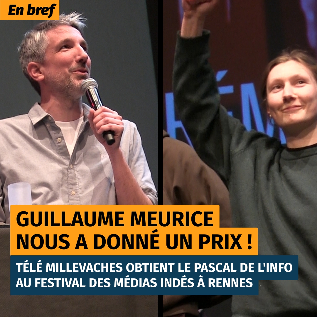 Une mosaïque composée de deux images. À gauche, un homme debout derrière un pupitre, parlant dans un micro (Guillaume Meurice). À droite, une jeune femme aux cheveux blonds sourit et lève le poing en signe de triomphe.
